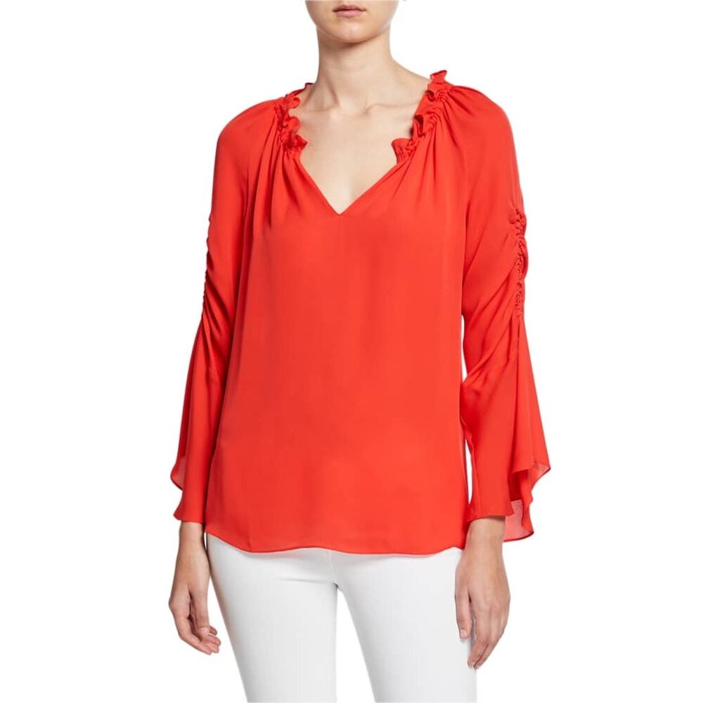 KOBI HALPERIN Carolina V-Neck Shirred Sleeve Silk Blouse Size M Red Ruffle Neck